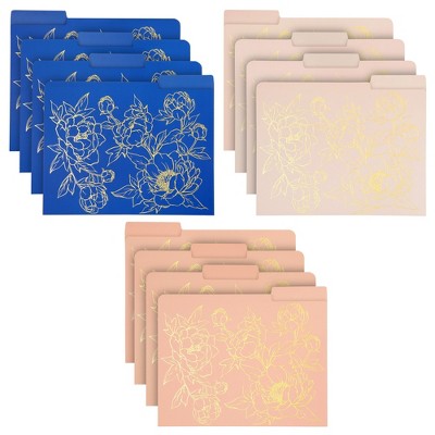 Paper Junkie 12 Pack Decorative File Folders for Letter Size Paper, Gold Foil Floral Print, 1/3 Cut Tab, 11.45 x 9.45, Pink and Blue