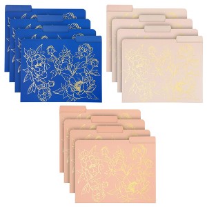 Paper Junkie 12 Pack Decorative File Folders for Letter Size Paper, Gold Foil Floral Print, 1/3 Cut Tab, 11.45 x 9.45, Pink and Blue - 1 of 4