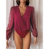 Women's V-Neck Bodysuit Long Sleeve Lace Sheer Solid Color - 3 of 4