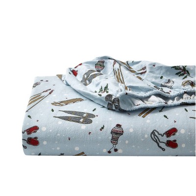 Blue Cotton Flannel Queen Sheet Set with Snow Days Print
