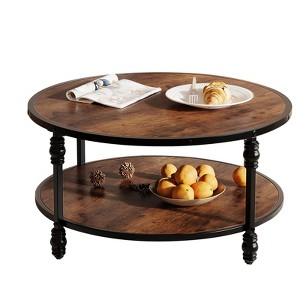 34.5"/30.5" Round Coffee Table, 2 Tier Center Table with Storage Shelf, Wooden Industrial Circle Coffee Table with Metal Frame, Rustic Brown - 1 of 4