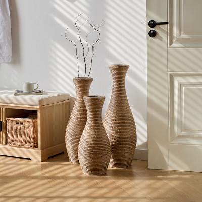 FURNIinspire Decorative Vases 3 Piece Elegant Rattan Floor Vas Living Room Flower Vase Versatile Dining Room Home Decor, Beige, 6.5"*6.5"*27.56"