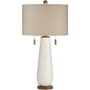 Possini Euro Design Kingston Modern Mid Century Table Lamp 32 3/4" Tall White Grooved Patterned Ceramic Taupe Drum Shade for Bedroom Living Room House - 1 of 4