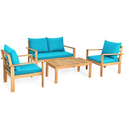 Tangkula 4PCS Patio Acacia Wood Conversation Furniture Set w/ Turquoise Cushions