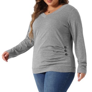 Agnes Orinda Women's Plus Size Knitted Buttons Decor Ruched Waist Long Sleeve V Neck T-shirts - 1 of 4