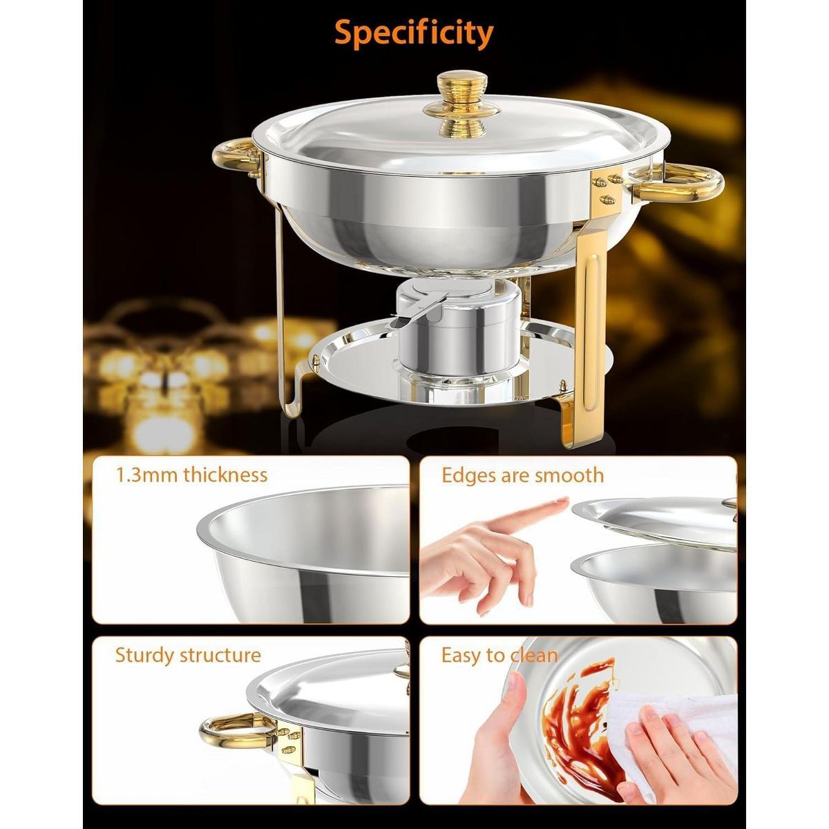 4 Pack 5QT Stainless Steel Chafing Dish Buffet Set, Superior Buffet Food Warmer with Lid Holder, Spoon & Tweezers for Catering Party Banquet, Sliver - thumbnail 4