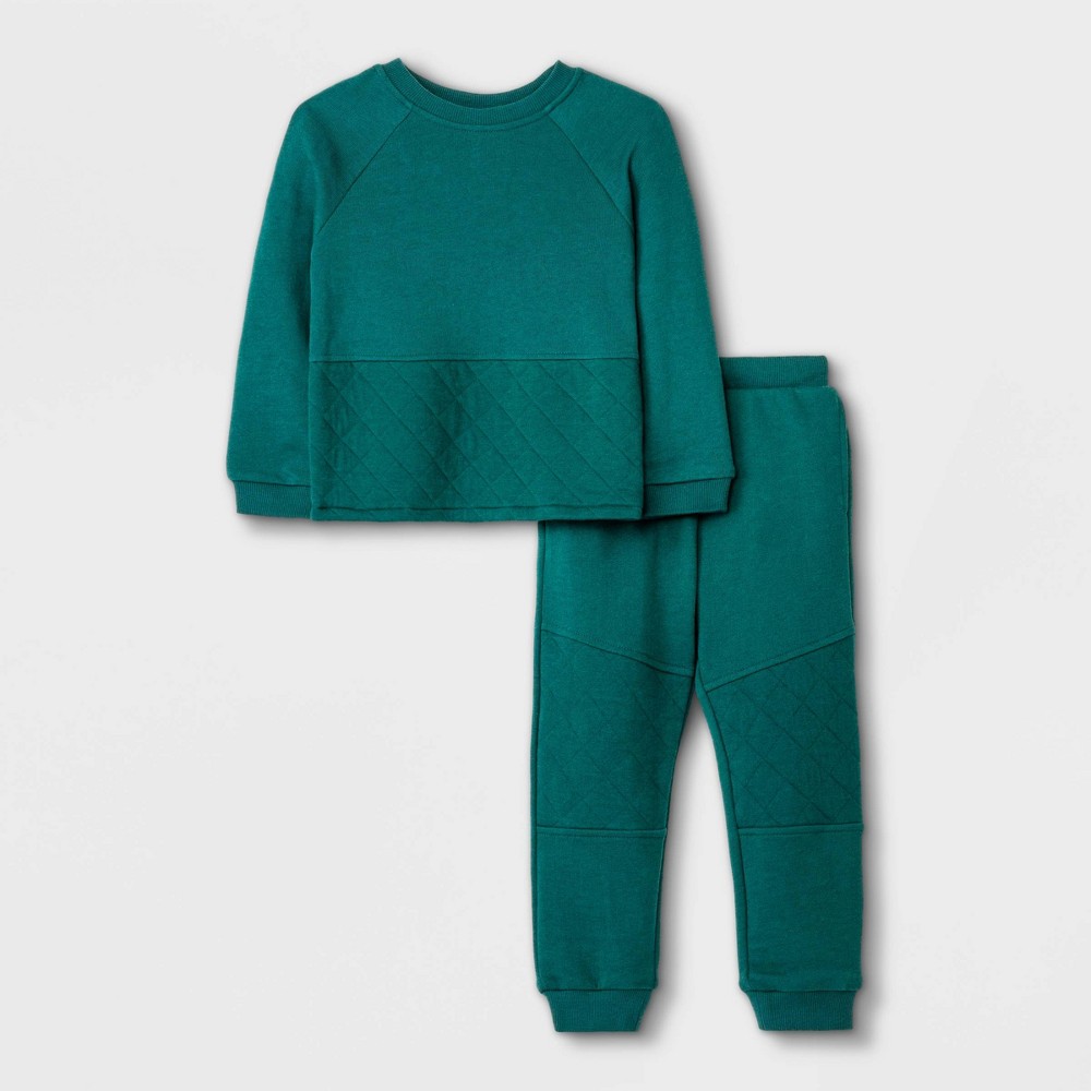 Size 12 Month Toddler Boys' 2pc Quilted Pullover & Jogger Pants Set, Dark Green