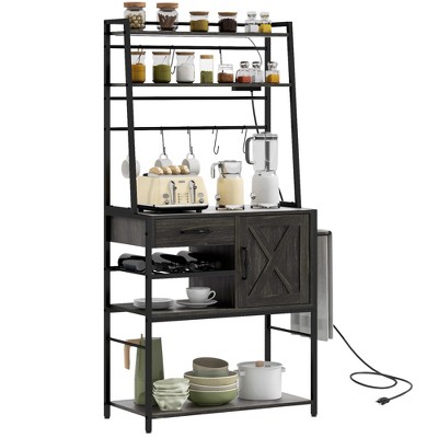 Distressed Gray Adjustable Kitchen Baker's Rack with LED Lights and Doors