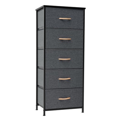 Crestlive Products Vertical Dresser for Bedroom Storage Tower With Steel Frame Wood Top Easy Pull Fabric Bins