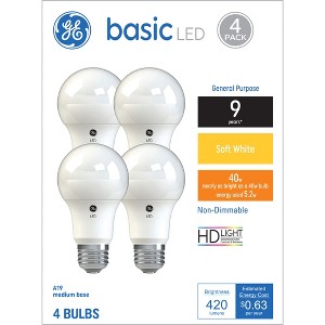 GE 4pk 40W Basic A19 LED Light Bulbs Soft White: 2700K, 420 Lumens, E26 Base, 9.1-Year Life, Damp Location Suitable - 1 of 4
