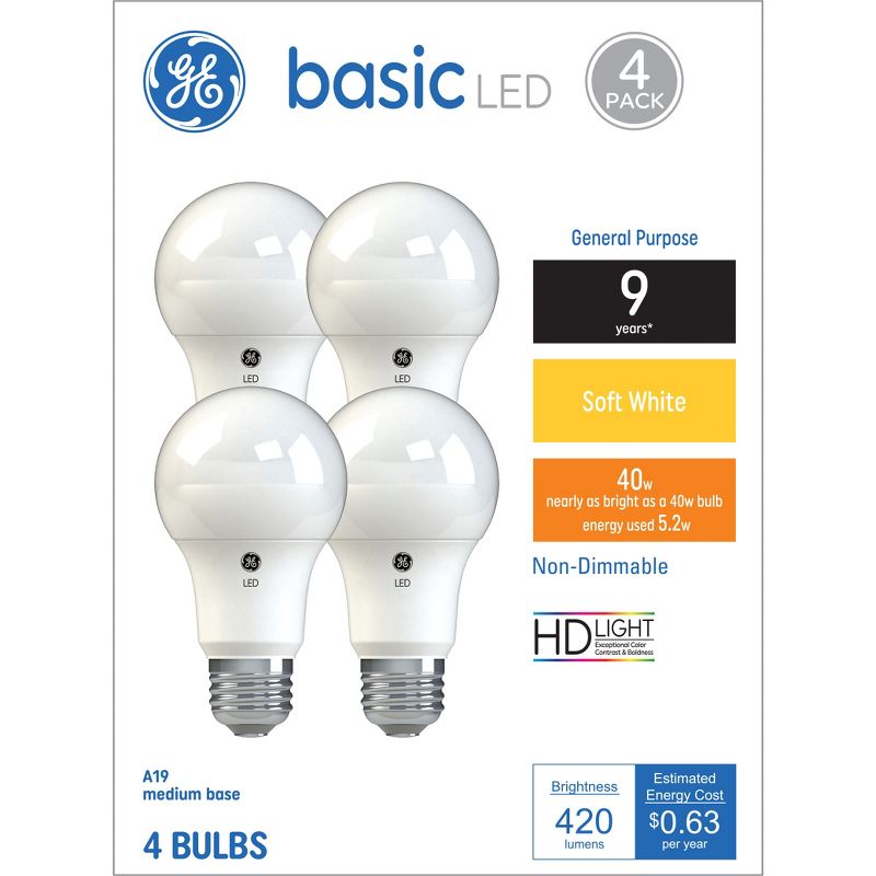GE 4pk 5.2W 40W Equivalent Basic LED Light Bulbs Soft White, 1 of 7