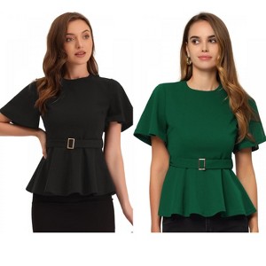 INSPIRE CHIC Women's Round Neck Flutter Sleeve Belted Waist Office Peplum Blouse 2 Packs - 1 of 4