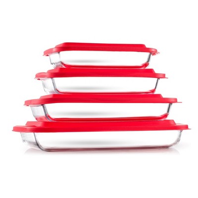JoyFul by JoyJolt 8pc Glass Bakeware Set. 4x Baking Pan Dishes Containers and 4x Lids - Red