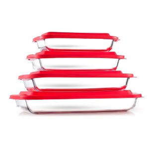 JoyFul by JoyJolt 8pc Glass Bakeware Set. 4x Baking Pan Dishes Containers and 4x Lids - Red - 1 of 4