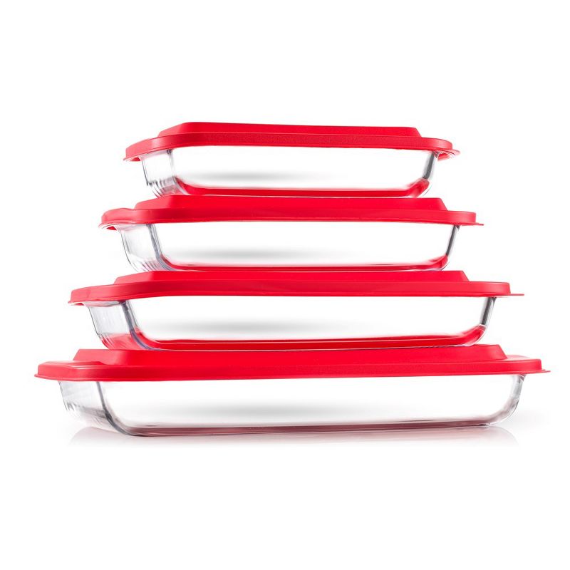JoyFul by JoyJolt 8pc Glass Bakeware Set. 4x Baking Pan Dishes Containers and 4x Lids - Red, 1 of 8