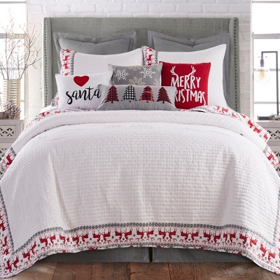 White and Red Embroidered Santa Heart Holiday Pillow