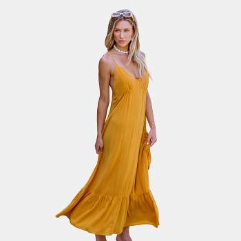 Women's Mustard Sleeveless V-Neck Flounce Hem Maxi Dress - Cupshe
