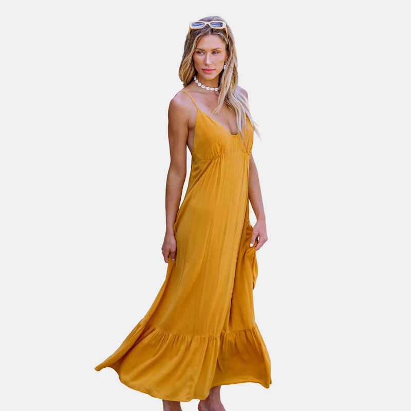 Women's Mustard Sleeveless V-Neck Flounce Hem Maxi Dress - Cupshe, 1 of 6