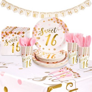 Blue Panda 170-Piece Sweet 16 Party Supplies, Disposable Dinnerware Set with Table Cover, Banner for Birthday Decorations (Serves 24) - 1 of 4