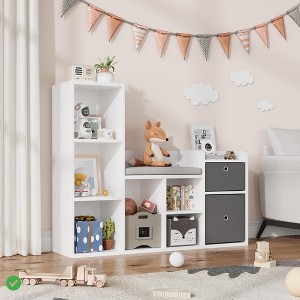 Kids Reading Nook Bookcase with Soft Cushion Seat - White Wash Bench & Mesh Drawer Display Storage - 1 of 4