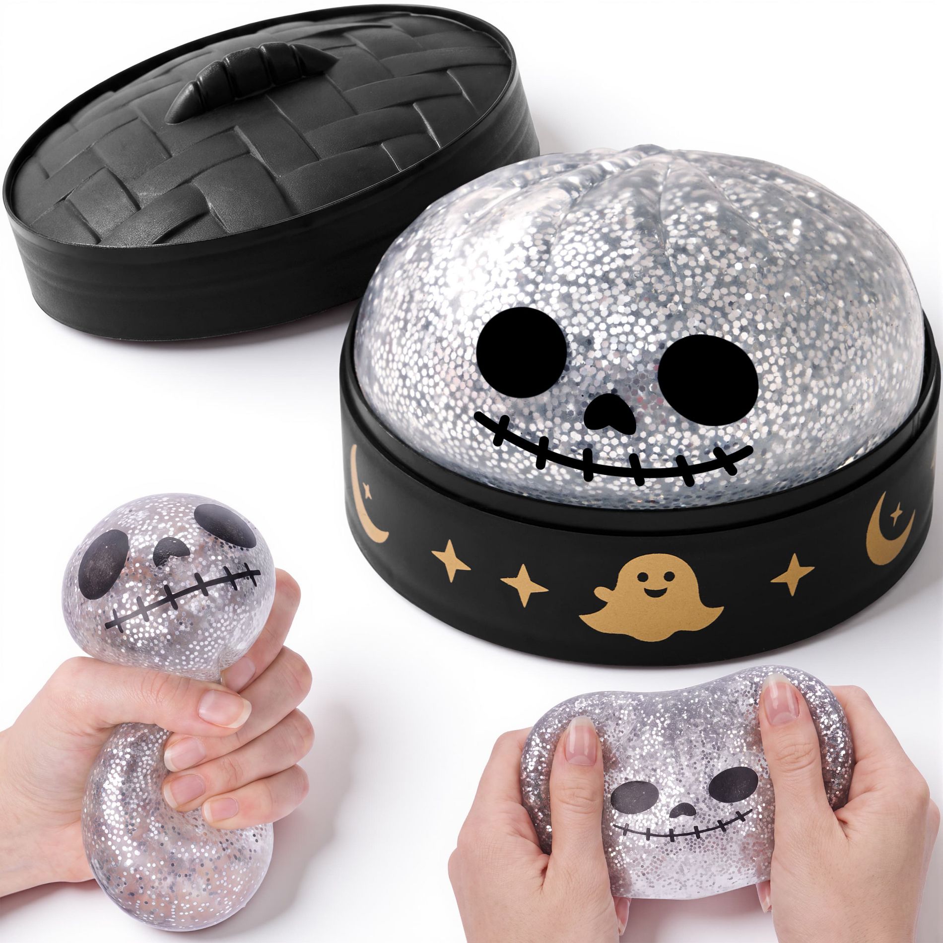 Joyfy Dumpling Squishy Toy, Soft Stretchy Squeeze Toy, Halloween Skeleton Soft Squishy Glitter Bao for Anxiety Stress Relief Sensory Fidget Toys