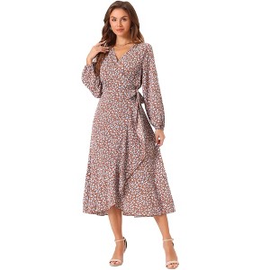 Allegra K Women's Floral Long Sleeve Wrap Tie Waist Ruffle Split Hem Boho Maxi Dress - 1 of 4