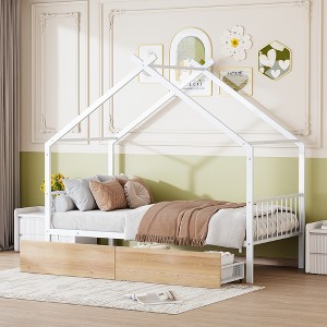 Full/Twin Size House-Shaped Metal Platform Bed Frame with Twin Size Trundle Bed/ Drawers 4S -ModernLuxe - 1 of 4
