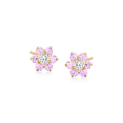 Ross-Simons Child's .60 ct. t.w. Pink and White CZ Flower Earrings in 14kt Yellow Gold