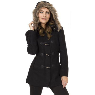 Alpine Swiss Duffy Womens Black Wool Coat Fur Trim Hooded Parka
