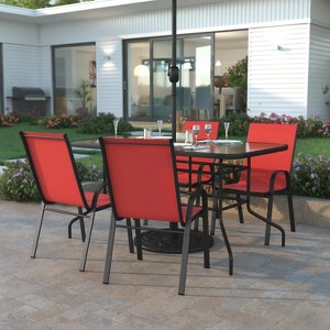 Emma and Oliver Five Piece Patio Table Set with Metal Table with Tempered Glass Top and 4 Flex Comfort Stacking Chairs - 1 of 4