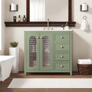NicBex 36" Bathroom Vanity with Ceramic Sink, Bathroom Cabinet Storage with 2 Glass Cabinet Doors and Adjustable Shelf, 3 Drawers for Bathroom, Green - 1 of 4