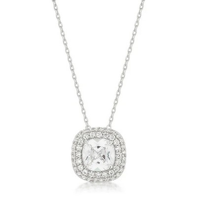 ShineHigh Pave Halo Pendant – 4.22 Ct Cushion-Cut Cubic Zirconia Necklace with Double Halo & Rhodium Finish on Adjustable Chain