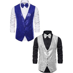 Lars Amadeus Men's Shiny Sequin Sleeveless Suit Vest Set with Bow Tie 2 Packs - 1 of 4