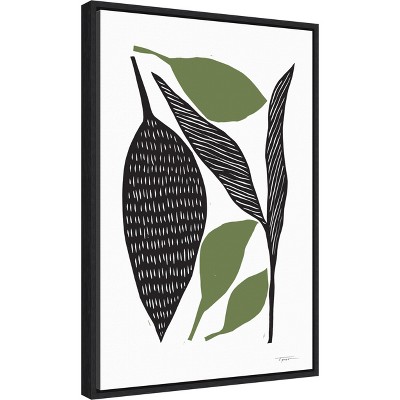 Modern Black and Green Leaf Canvas Print with Black Frame 16 x 23 Inches