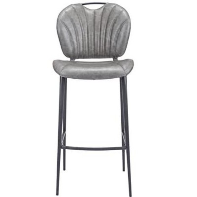 Vintage Gray Adjustable Leather and Wood Bar Stool