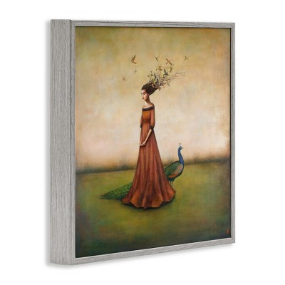 Gray Framed Abstract Woman with Birds and Peacock Art Print