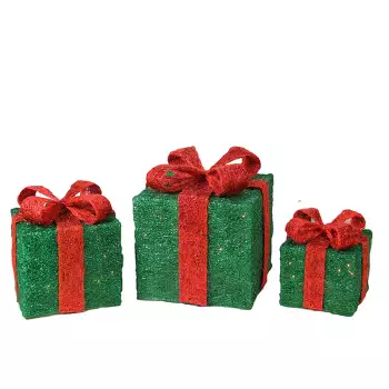 Northlight Set Of 3 Silver Tinsel Lighted Gift Boxes With Red Bows ...