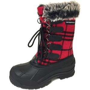 Women's Winter Boots Flannel Plaid Insulated Fur Warm Snow Boots-Red - 1 of 3
