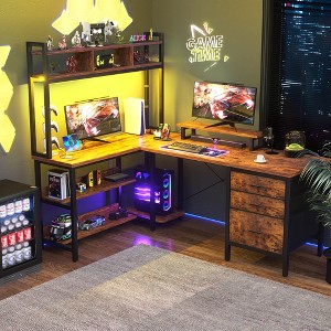 Besiost 60"L Shaped Computer Desk with Hutch, Power Outlets, LED Lights & Storage Drawers - 1 of 4