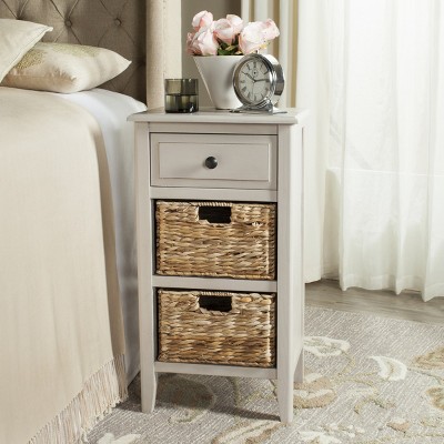 Everly Coastal Cottage Vintage Grey Pine Side Table with Baskets