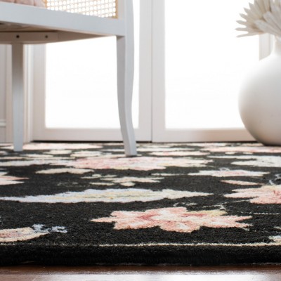 Black Floral Hand-Hooked Wool Area Rug 8'9" x 11'9"