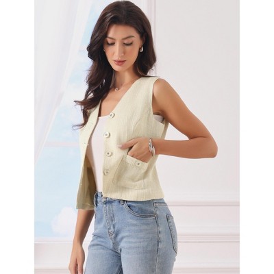 INSPIRE CHIC Women's Tweed Work V Neck Sleeveless Button Down Office Cropped Waistcoat Small Beige — фото 4