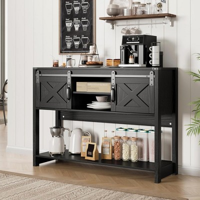 RoyalCraft Farmhouse Entryway Console Table with Storage Shelves, Sliding Barn Door and Spacious Tabletop for Living Room or Foyer, Black