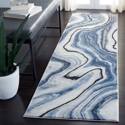 Abstract Blue-Grey Swirl Synthetic 27'' Hand-Knotted Runner Rug