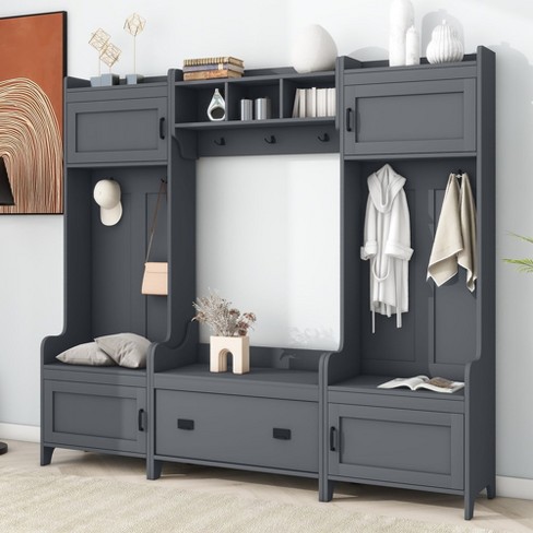 Hall Tree Entryway Bench With Cabinet Wide Entryway Hall Tree With Coat Rack Entryway Storage Bench For Entrance Hallway Mudroom Grey Target