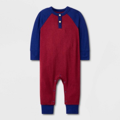 Baby Boys' Ribbed Henley Romper - Cat & Jack™ Maroon/Navy 0-3M