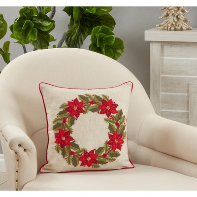 Natural Poinsettia Wreath Down Filled Holiday Throw Pillow