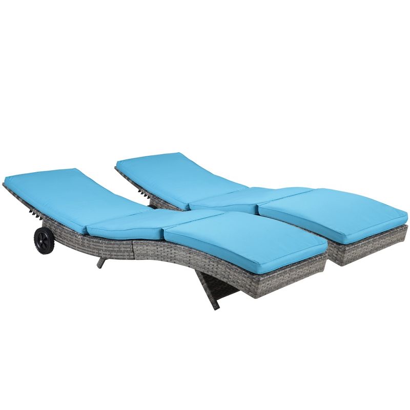 Outsunny 2 Piece Chaise Lounge Pool Chair Set, Outdoor PE Rattan Cushioned Patio Sun Lounger w/ 5-Level Adjustable Backrest & Wheels, Wicker, Sky Blue, 4 of 7