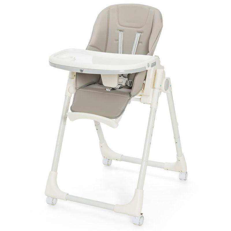 Babyjoy Foldable Highchair Baby Feeding Chair with 360° Rotating Wheels & Height Adjustment Grey/Beige/Pink, 1 of 7