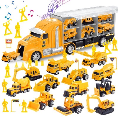 Skirfy 33 in 1 Diecast Construction Vehicle Set Play Vehicles with Sounds and Lights, Metal Alloy Car Carrier Truck, Birthday Gifts  Yellow